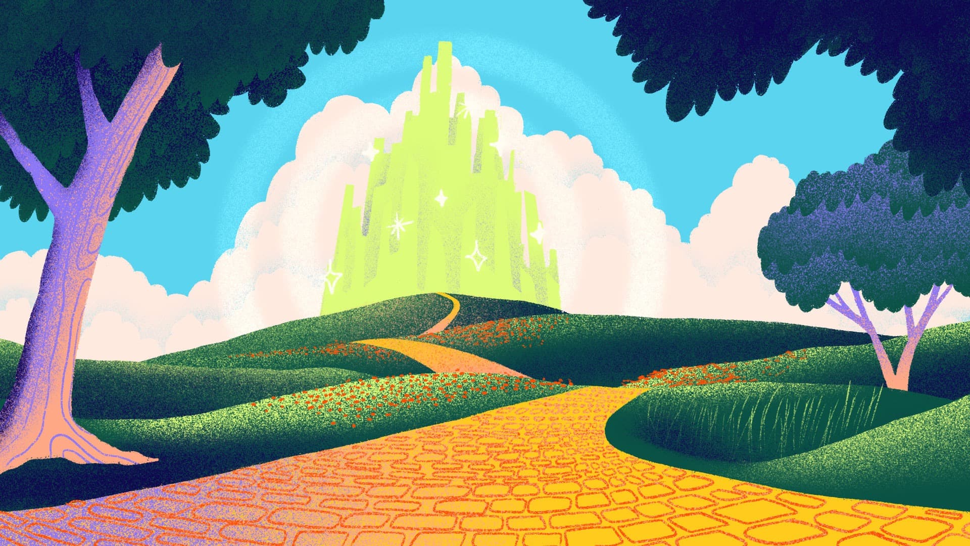 Illustration of a yellow brick road winding through grassy hills and vibrant wildflowers, leading to a distant, glowing green city surrounded by fluffy white clouds. The landscape is flanked by tall, lush trees, and a bright blue sky completes the scene.