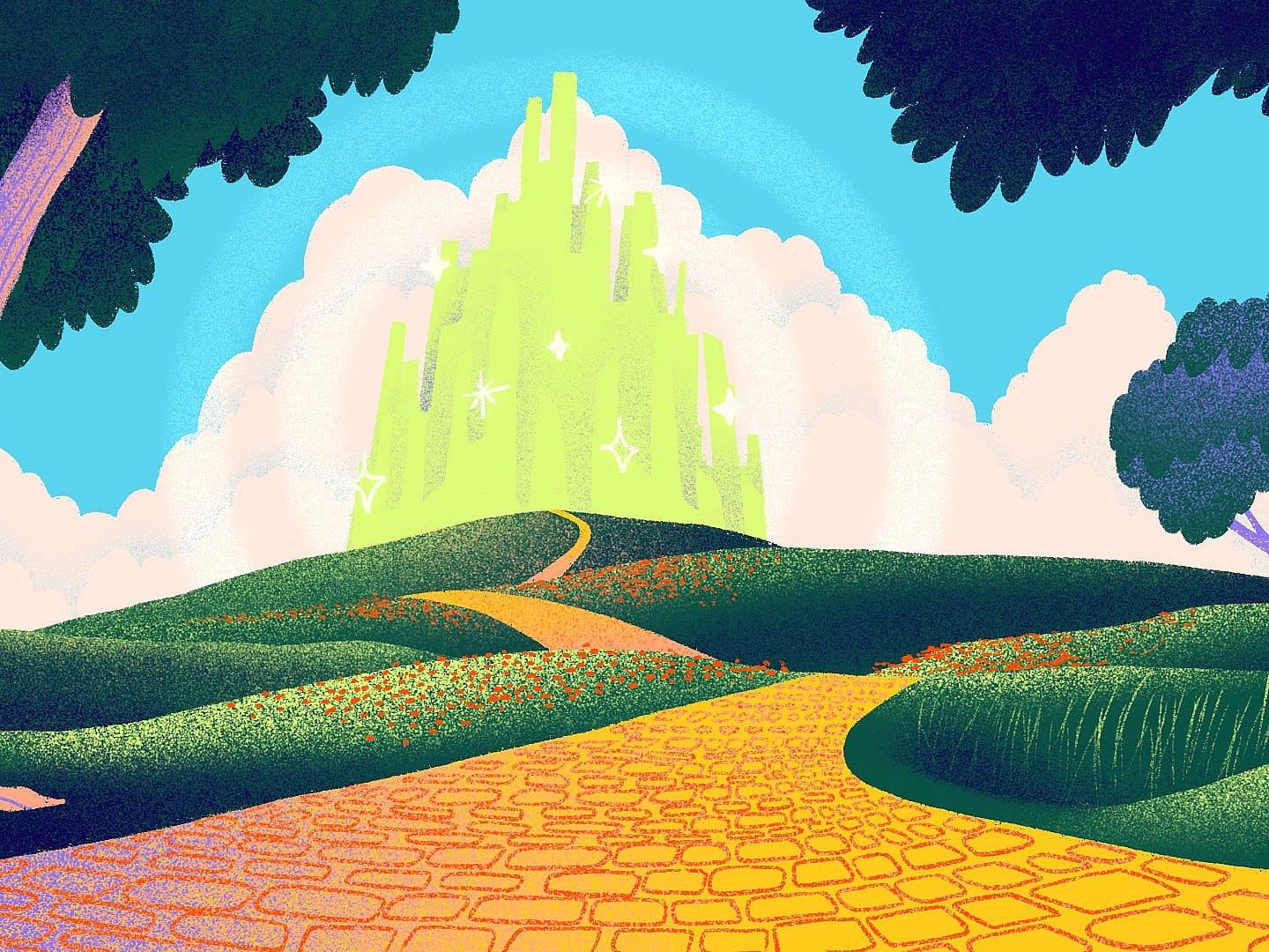 Illustration of a yellow brick road winding through grassy hills and vibrant wildflowers, leading to a distant, glowing green city surrounded by fluffy white clouds. The landscape is flanked by tall, lush trees, and a bright blue sky completes the scene.