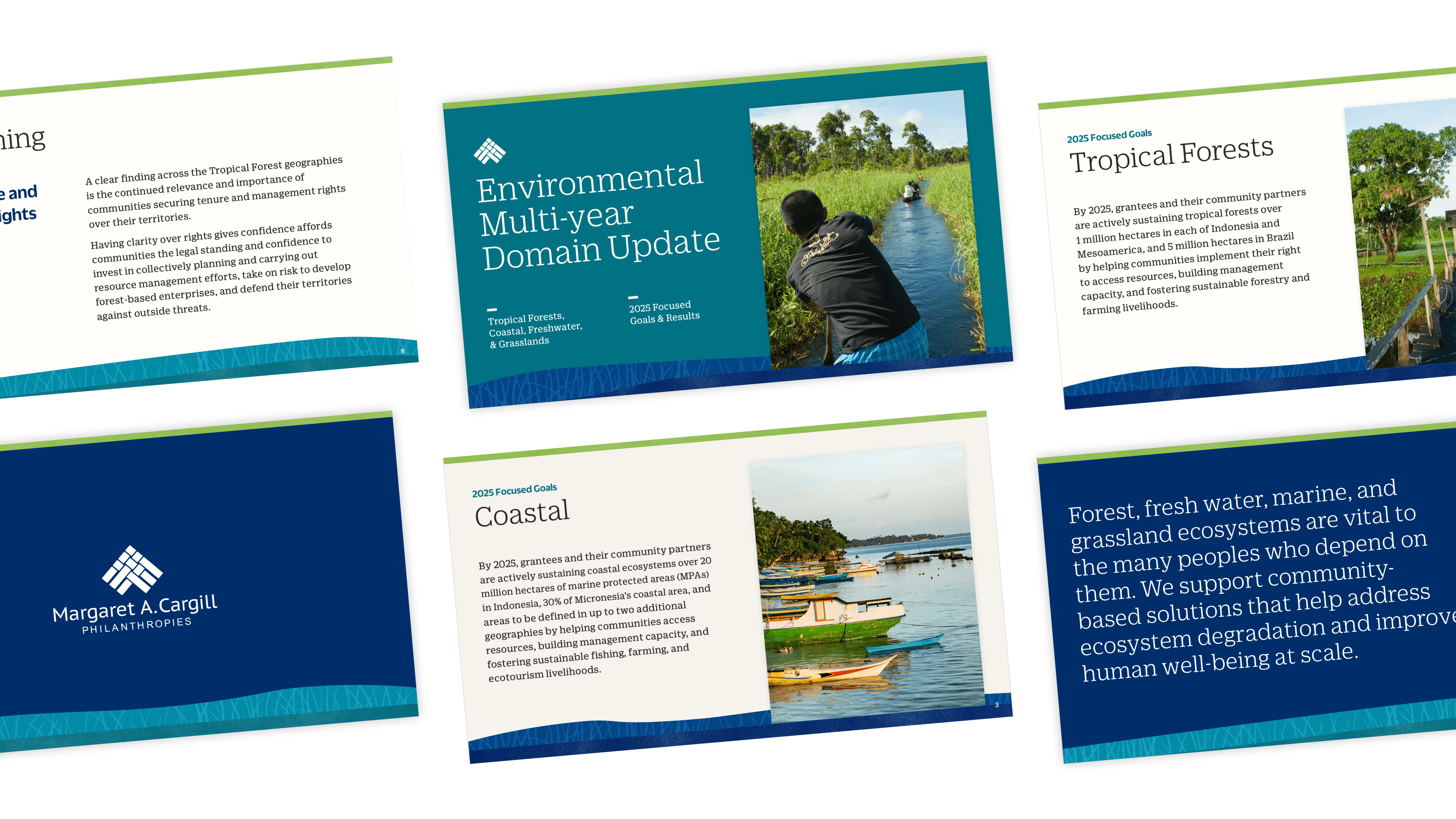 A collage of five presentation slides featuring text and images about environmental and conservation topics, including tropical forests, coastal regions, and ecosystem support, with blue and green color accents.