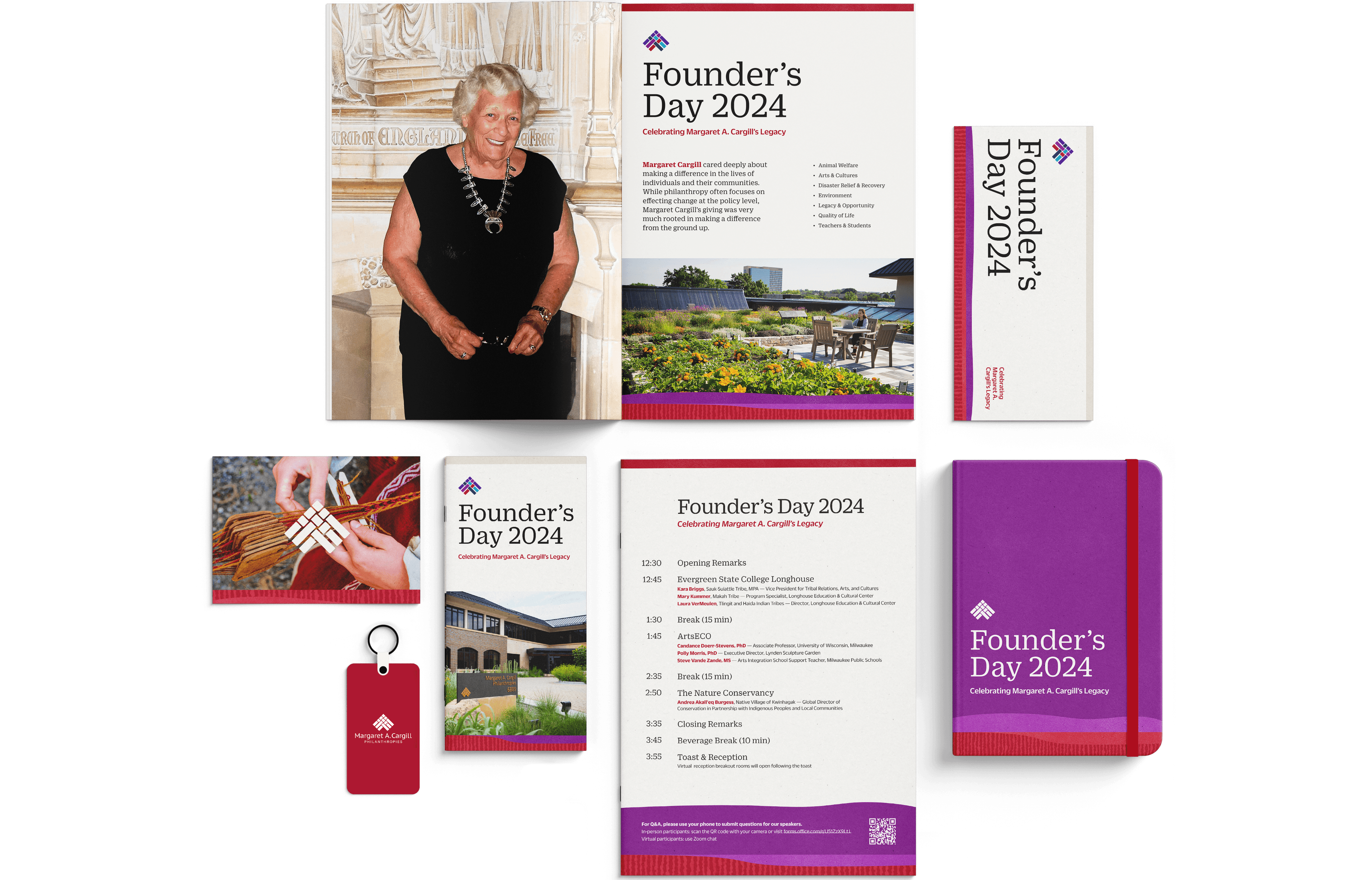 Collage of promotional materials for Founder's Day 2024, featuring a schedule, brochure, notebook, name tag, image of an elderly person, and scenic photos of a garden and building. The theme colors are purple and red.