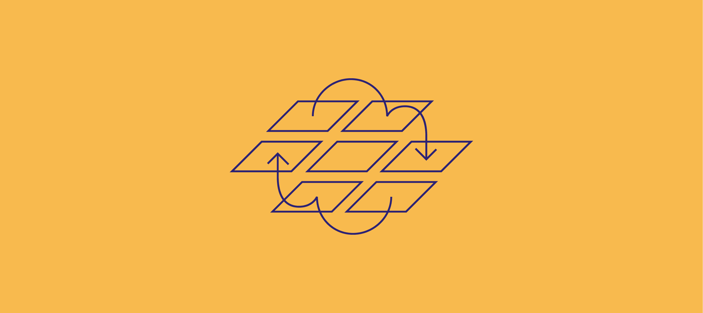 An abstract illustration featuring interconnected rhombus shapes outlined in navy blue on an orange background. The rhombuses form a grid-like pattern with curved arrows connecting the shapes, creating a sense of movement and flow.