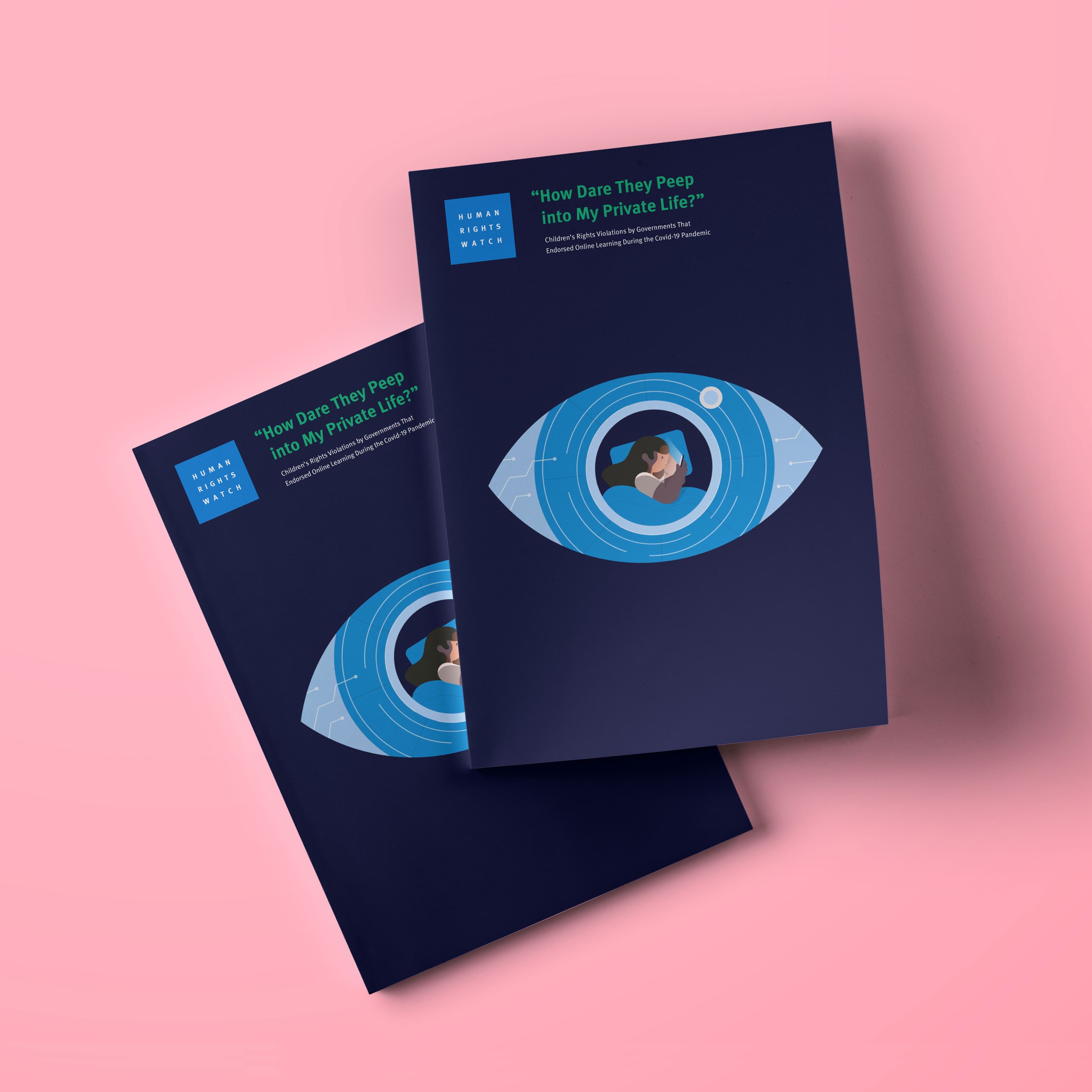 Two booklets on a pink surface, each featuring a large eye illustration with a person sitting on a laptop inside the iris. The cover text reads "How Dare They Peep into My Private Life?" by Harvey Waters in green and blue fonts.