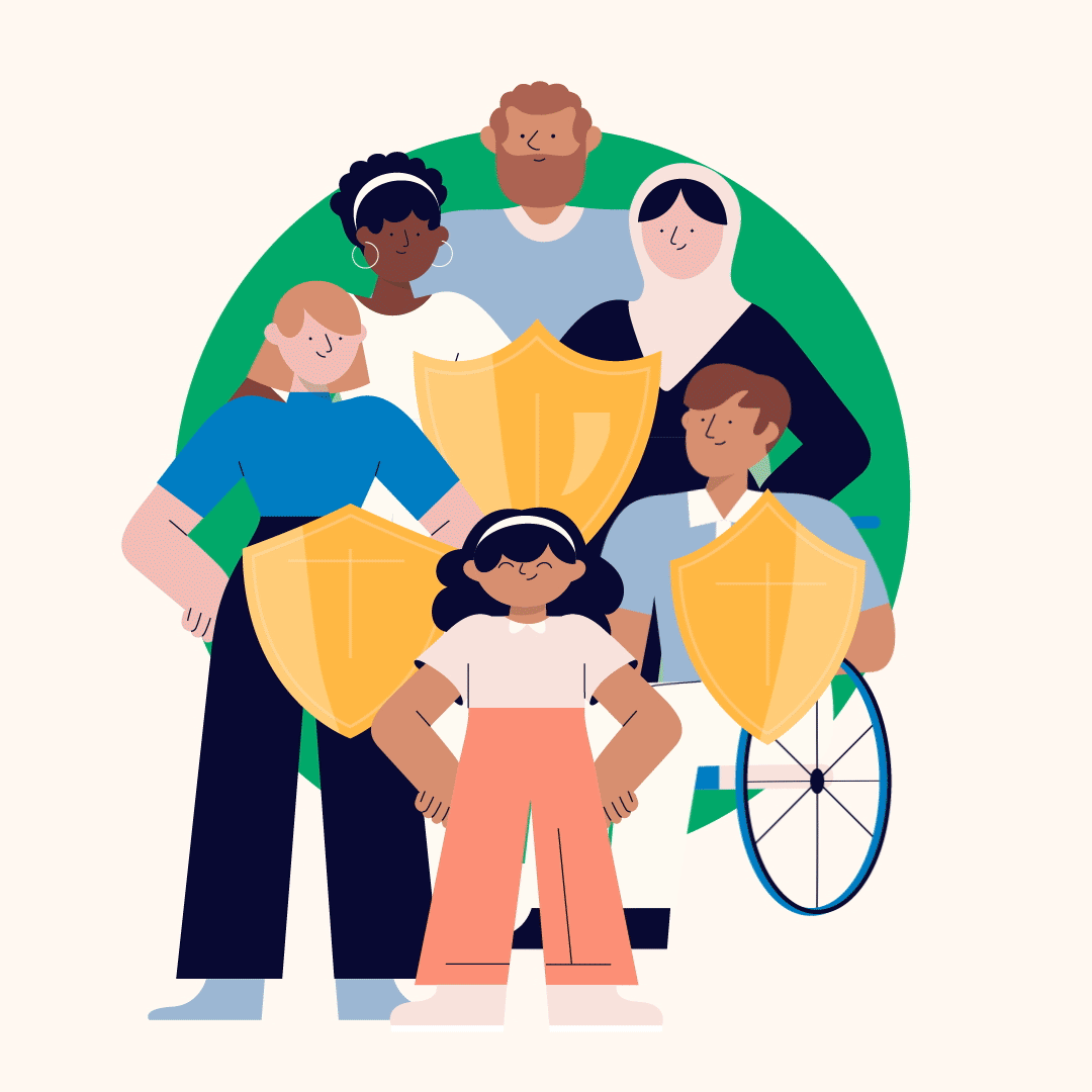 An illustration of a diverse group of people standing together. Some individuals hold golden shields. The group includes a person wearing a hijab, a person using a wheelchair, and another standing confidently in front, symbolizing protection and unity.