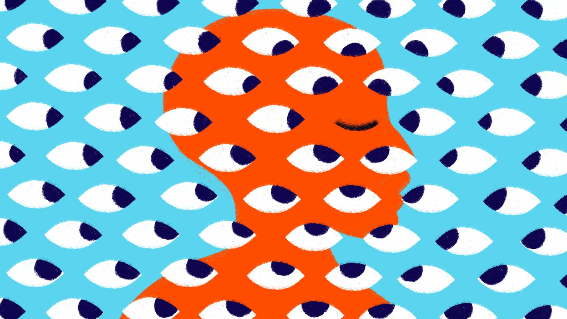An abstract illustration shows the side profile of an orange silhouette, overlaid with a pattern of black and white eyes. A blue background fills the negative space between the eyes, creating a visually engaging and thought-provoking composition.