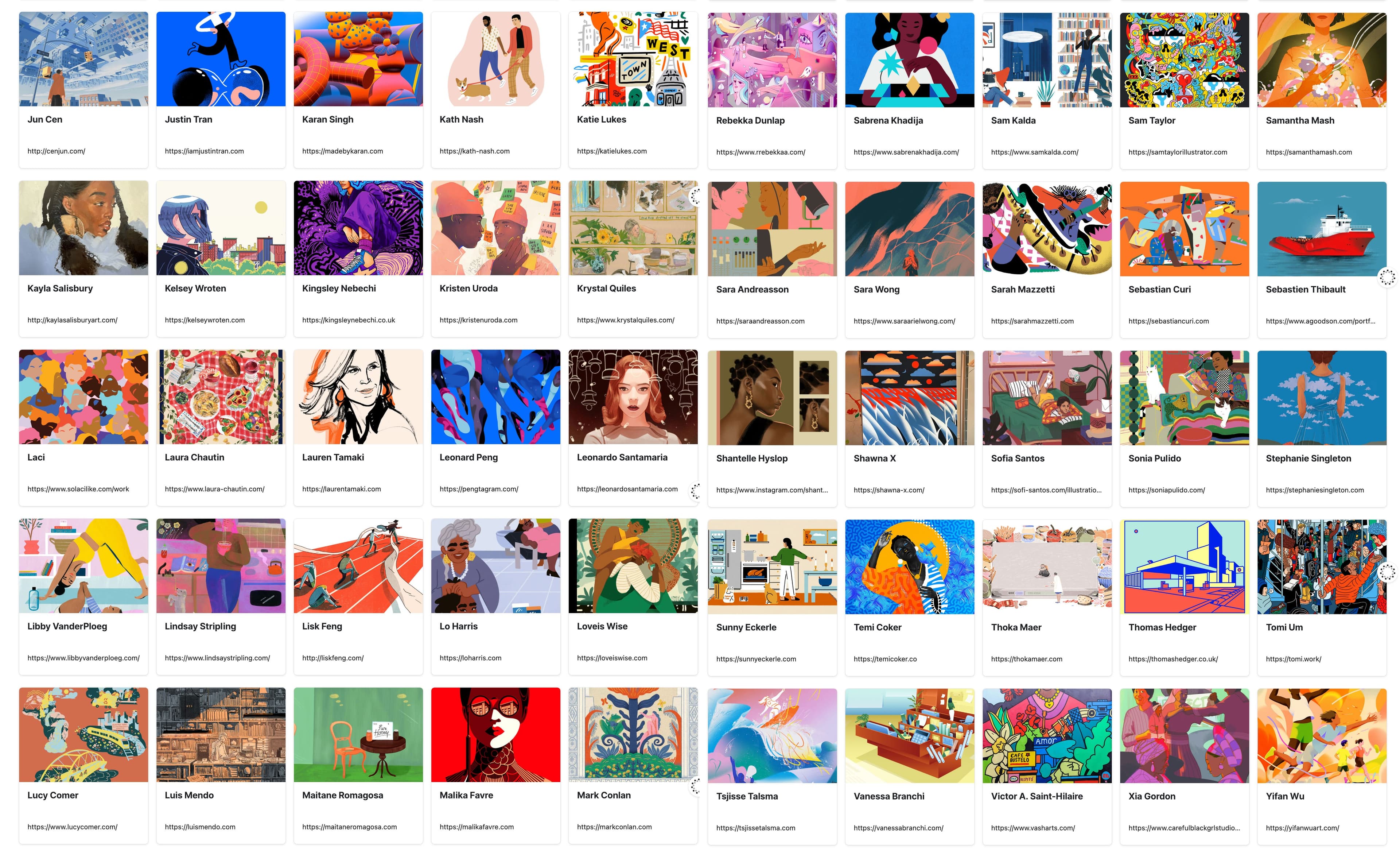 A colorful collage displays 48 diverse digital artwork samples, each in its own square, with artist names and brief descriptions underneath. The styles and subjects vary, including people, animals, abstract patterns, and landscapes.