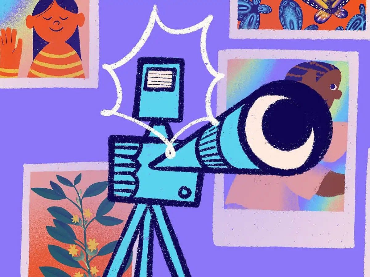A blue cartoon camera with a large lens on a tripod flashes in front of colorful illustrated portraits and plant images on a purple wall.