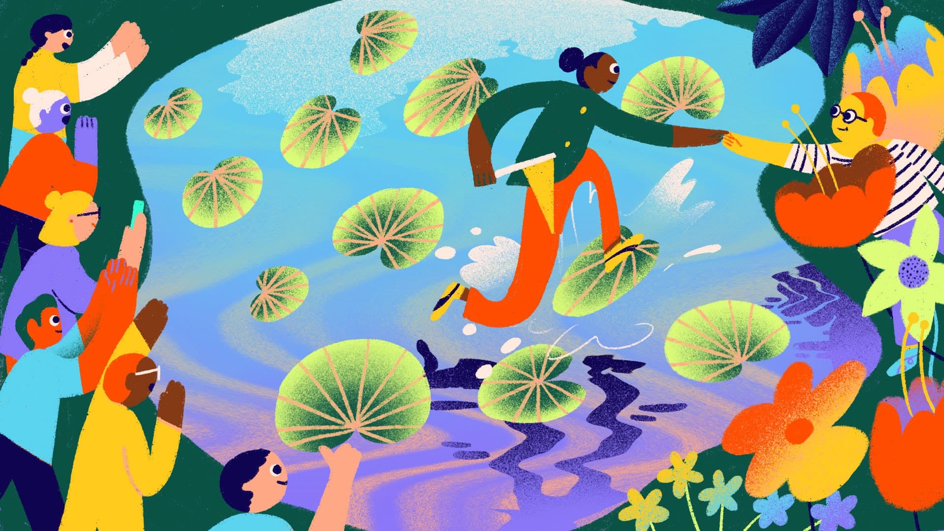 A vibrant illustration depicts a person extending a hand to help another person across a pond filled with lily pads. Surrounding them, a group of people cheer and reach out in support, surrounded by colorful flowers and plants, creating a lively, encouraging scene.