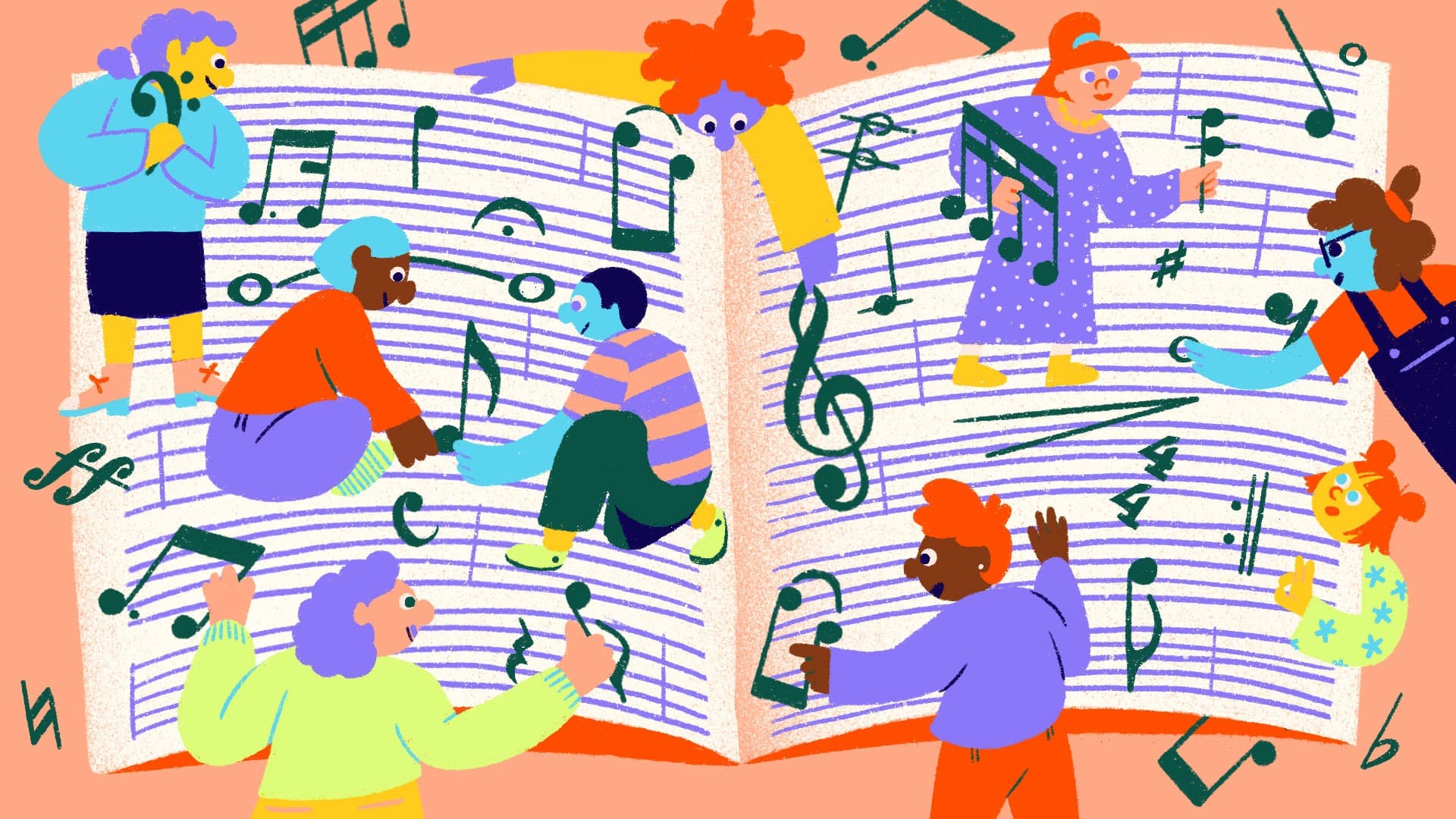 A colorful illustration depicting diverse, animated characters interacting with an oversized open music book filled with musical notes and symbols. Some characters are playing instruments, while others are climbing on or drawing notes on the pages.