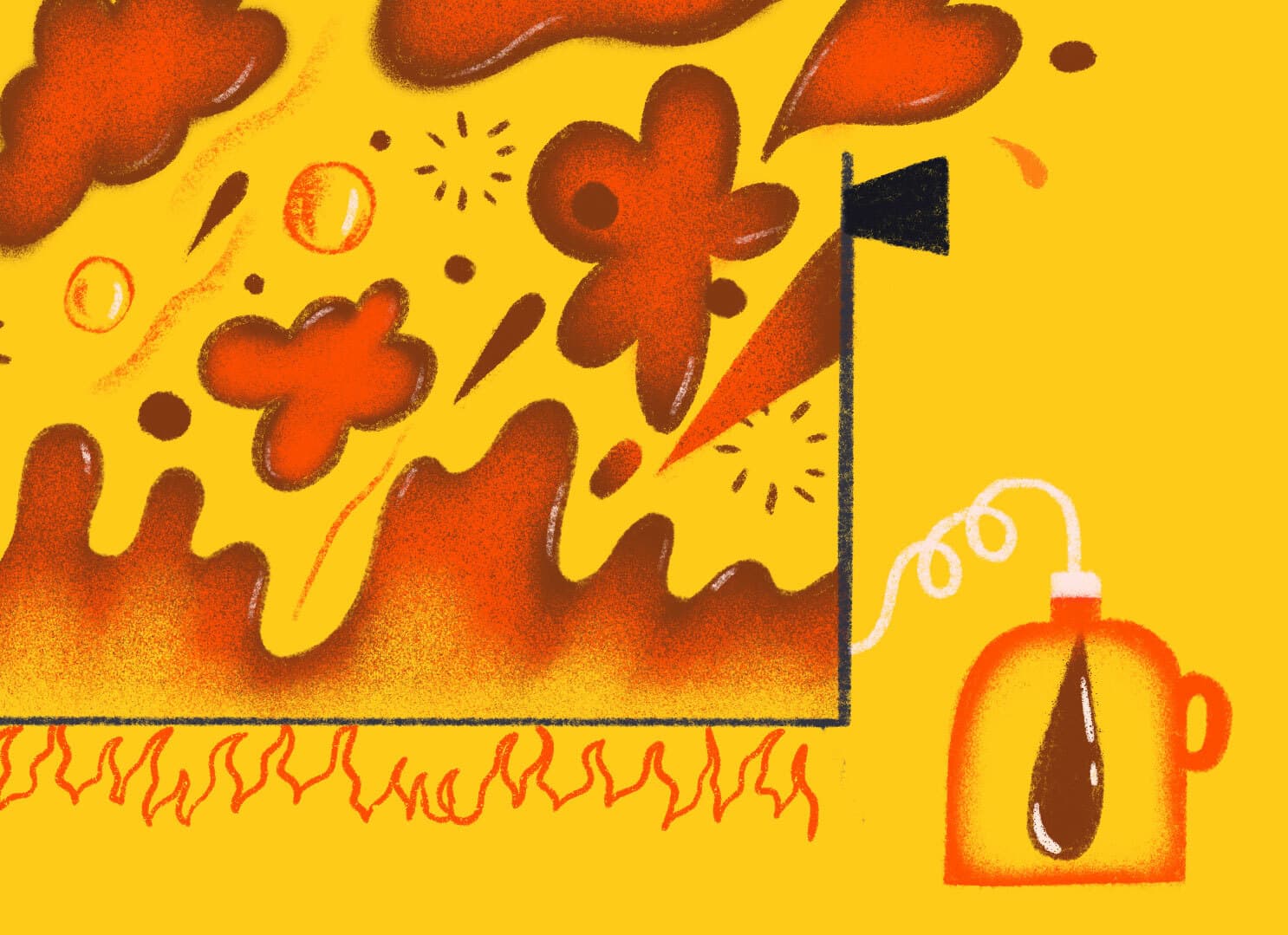 An abstract illustration with orange and yellow hues showing a liquid being poured from a container into a rectangular area. The area contains fluid shapes and splashes, with various abstract floral elements emerging. A hose connects the container to the rectangle.