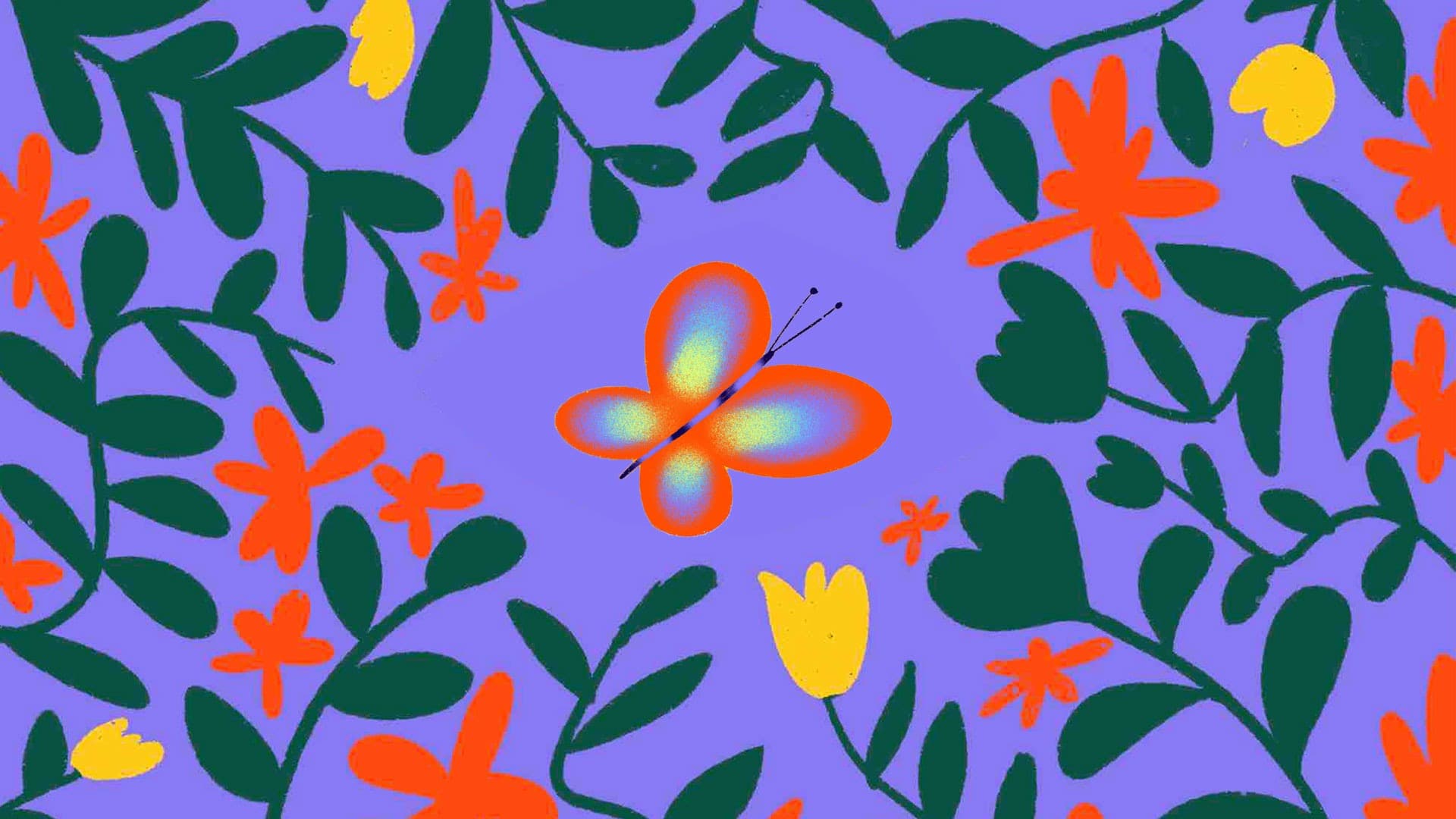 A colorful illustration of a butterfly with orange and blue wings, surrounded by green leaves and red and yellow flowers on a purple background.