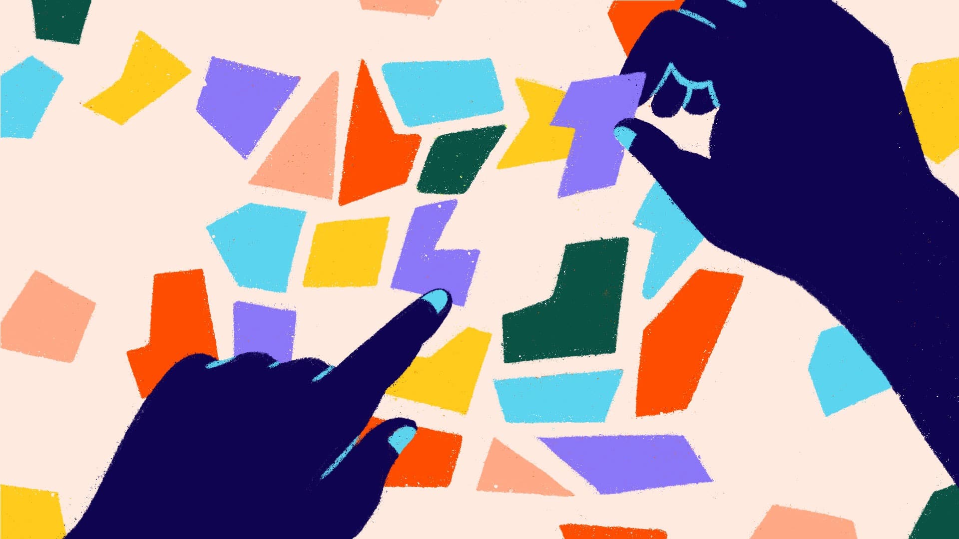 Two dark blue hands are arranging colorful, irregularly shaped paper pieces on a light background. One hand is pointing, while the other holds a purple piece, suggesting organization or creative activity.