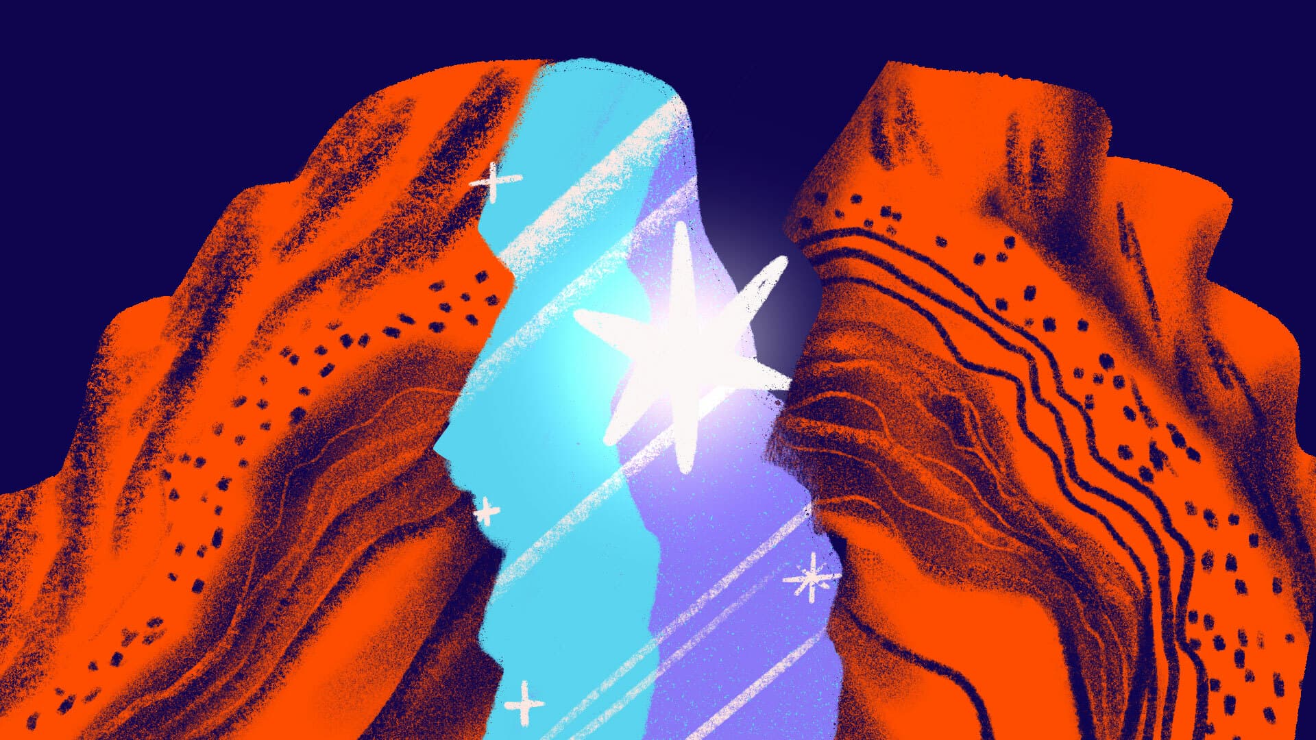 Abstract illustration of a bright star-like light shining between two jagged, textured orange rock formations. The background transitions from deep purple to a vibrant turquoise near the light source, creating a mystical atmosphere with subtle sparkles throughout.