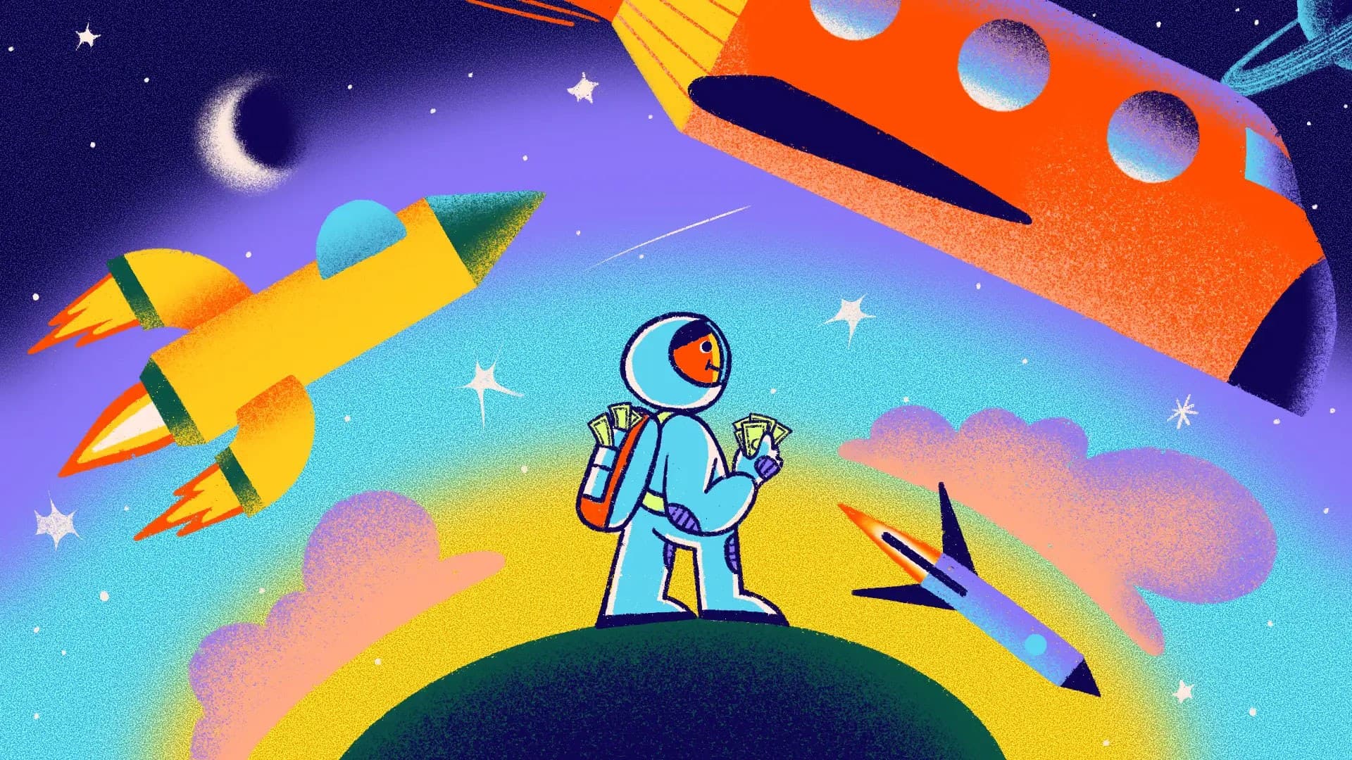 A cartoon astronaut stands on a small hill, holding money, under a colorful starry sky. Three spaceships fly around: a yellow one on the left, an orange one on the top right, and a blue one on the bottom right. The scene is whimsical and vibrant.