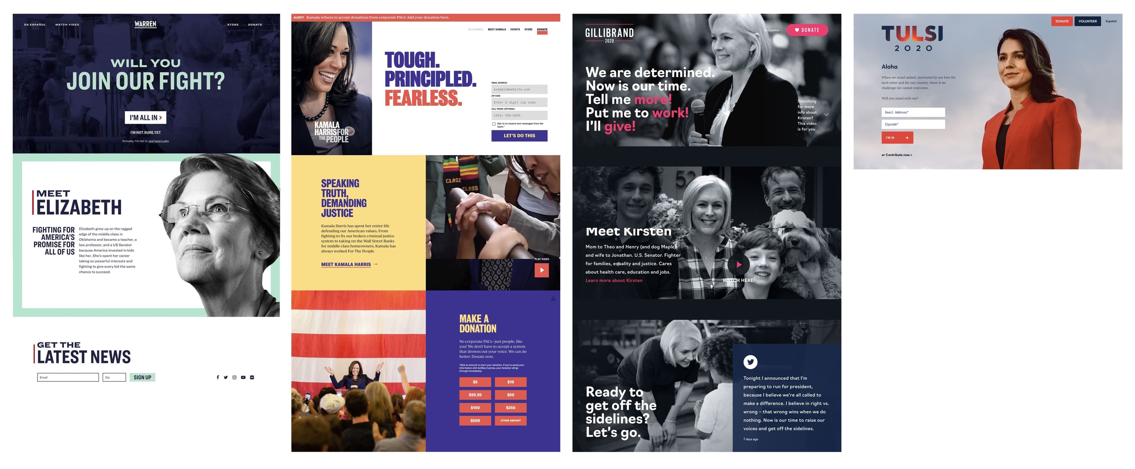 Campaign posters for four political candidates. Each poster features images and text promoting the candidates with slogans, photos, and calls to action. The backgrounds are colorful with some sections showcasing the candidates addressing a crowd or in close-up shots.