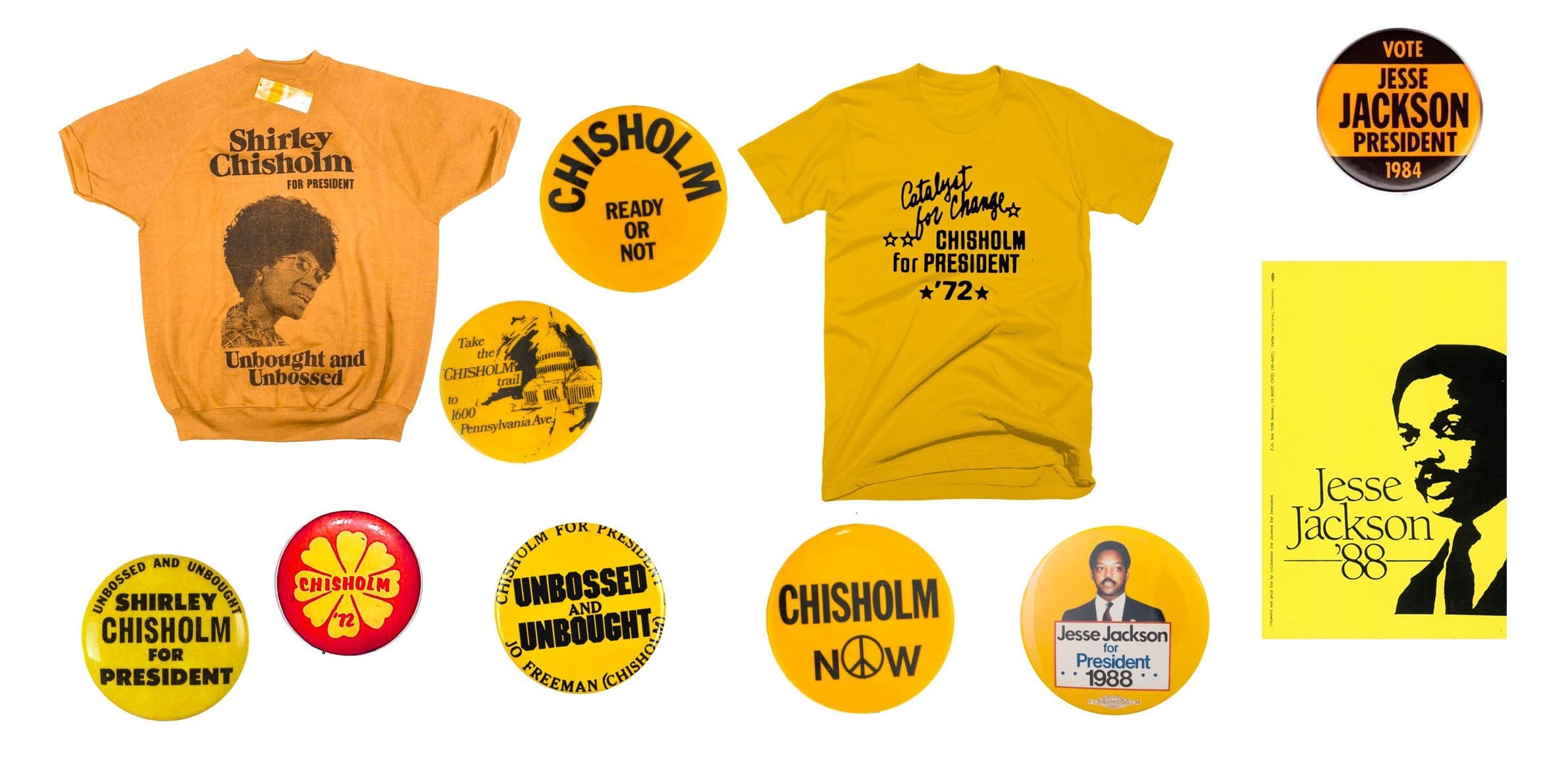 A collection of campaign memorabilia featuring Shirley Chisholm and Jesse Jackson. Items include buttons and shirts with slogans like "Shirley Chisholm for President," "Unbought and Unbossed," and "Jesse Jackson for President 1988.