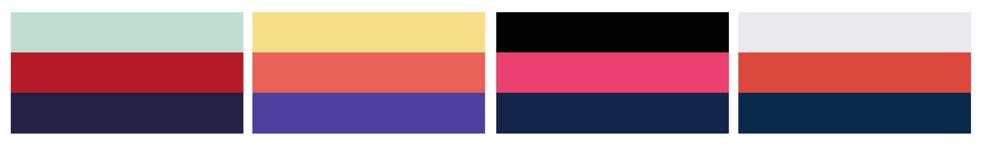 An image showing three sets of three vertically stacked color blocks. From left to right: mint green, red, navy; light yellow, coral, purple; black, pink, dark blue; light gray, orange, deep teal. Each set is separated by white space.