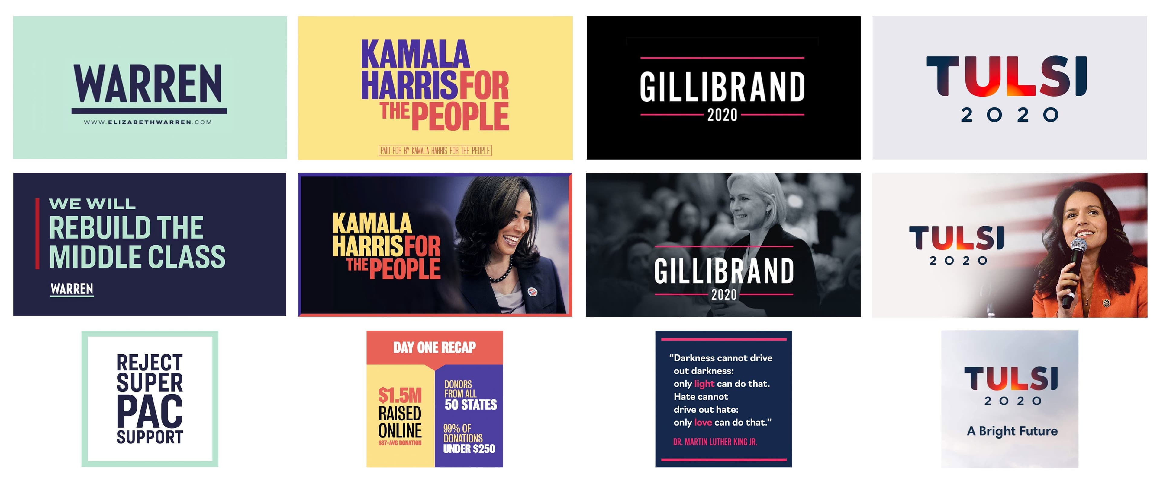 A collage of campaign materials for various political candidates, including slogans like "Warren 2020," "Kamala Harris For The People," "Gillibrand 2020," "Tulsi 2020," "We Will Rebuild The Middle Class," and "Reject Super PAC Support.