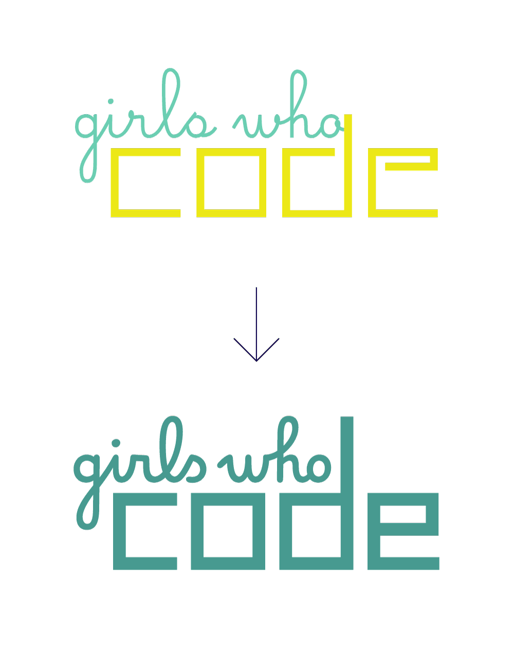 Two versions of the "girls who code" logo: the top version uses yellow and light turquoise colors; the bottom version uses a darker turquoise, with a streamlined and bolder design. An arrow points from top to bottom.