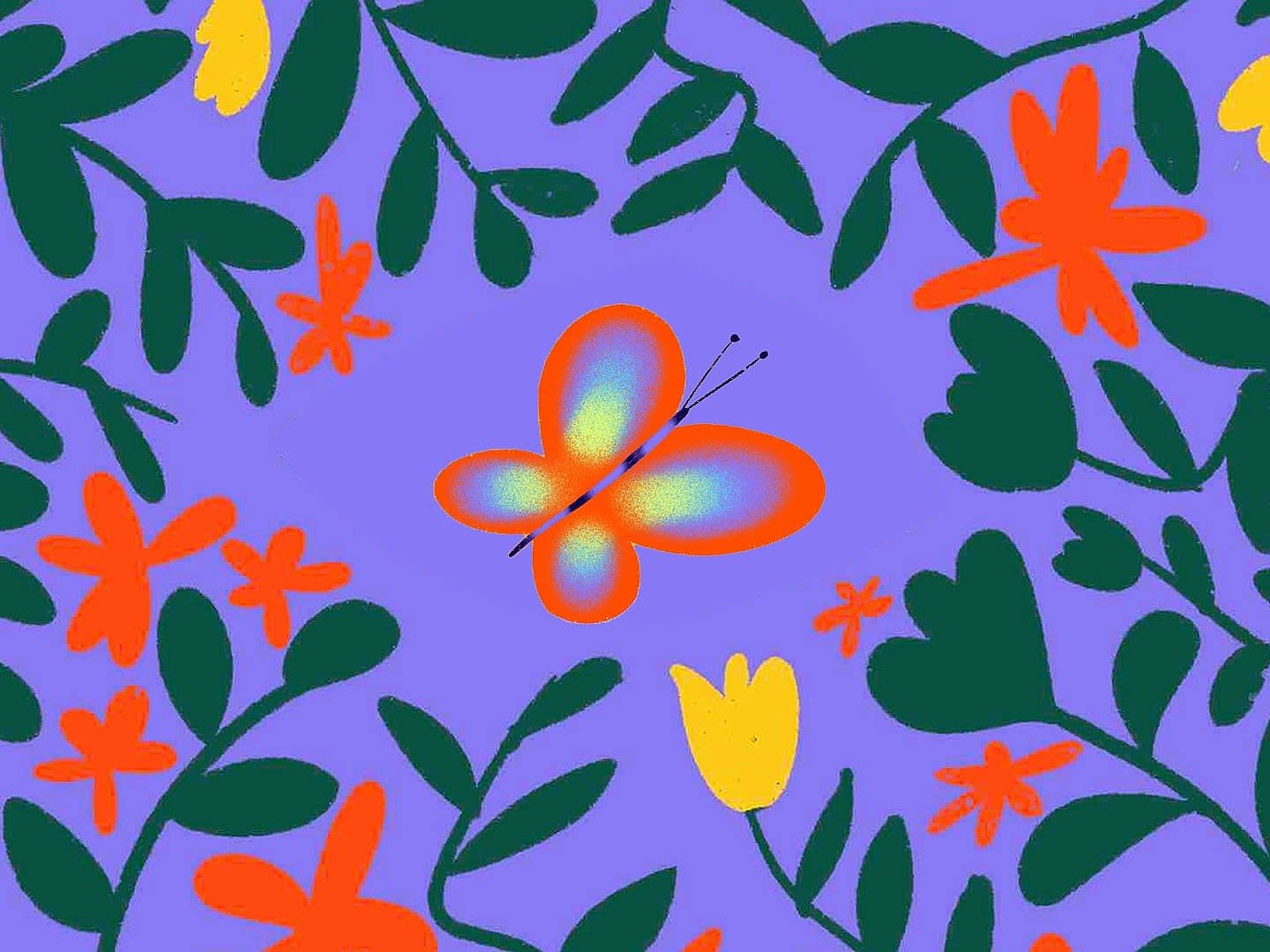 A colorful butterfly with orange, yellow, and blue wings is surrounded by green leaves and red and yellow flowers on a purple background.