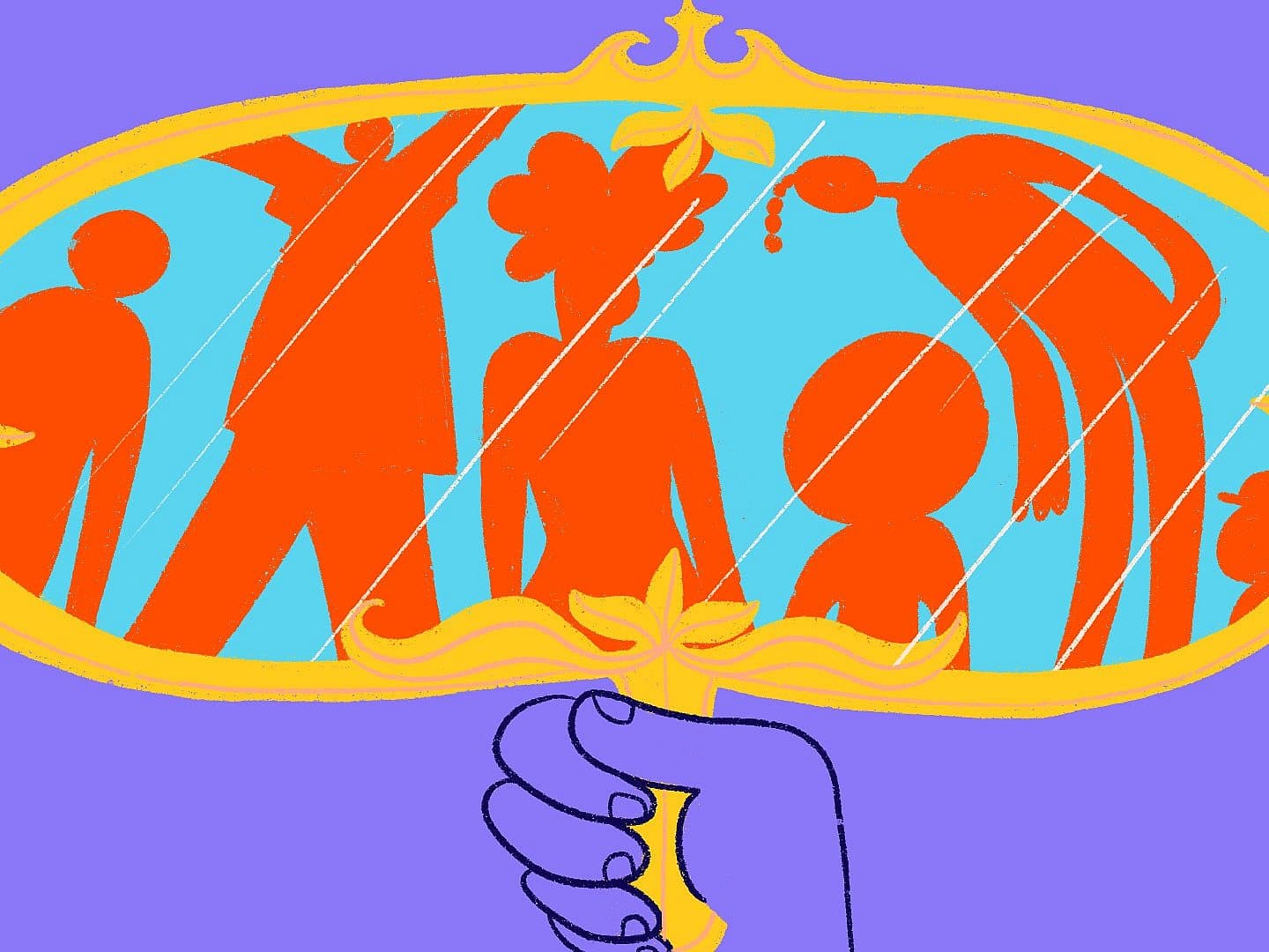 A hand holding an ornate, oval mirror with a gold frame. Inside the mirror, abstract orange silhouettes of diverse people in various poses are reflected against a bright blue background. The overall color palette is vibrant with purple, blue, and orange tones.