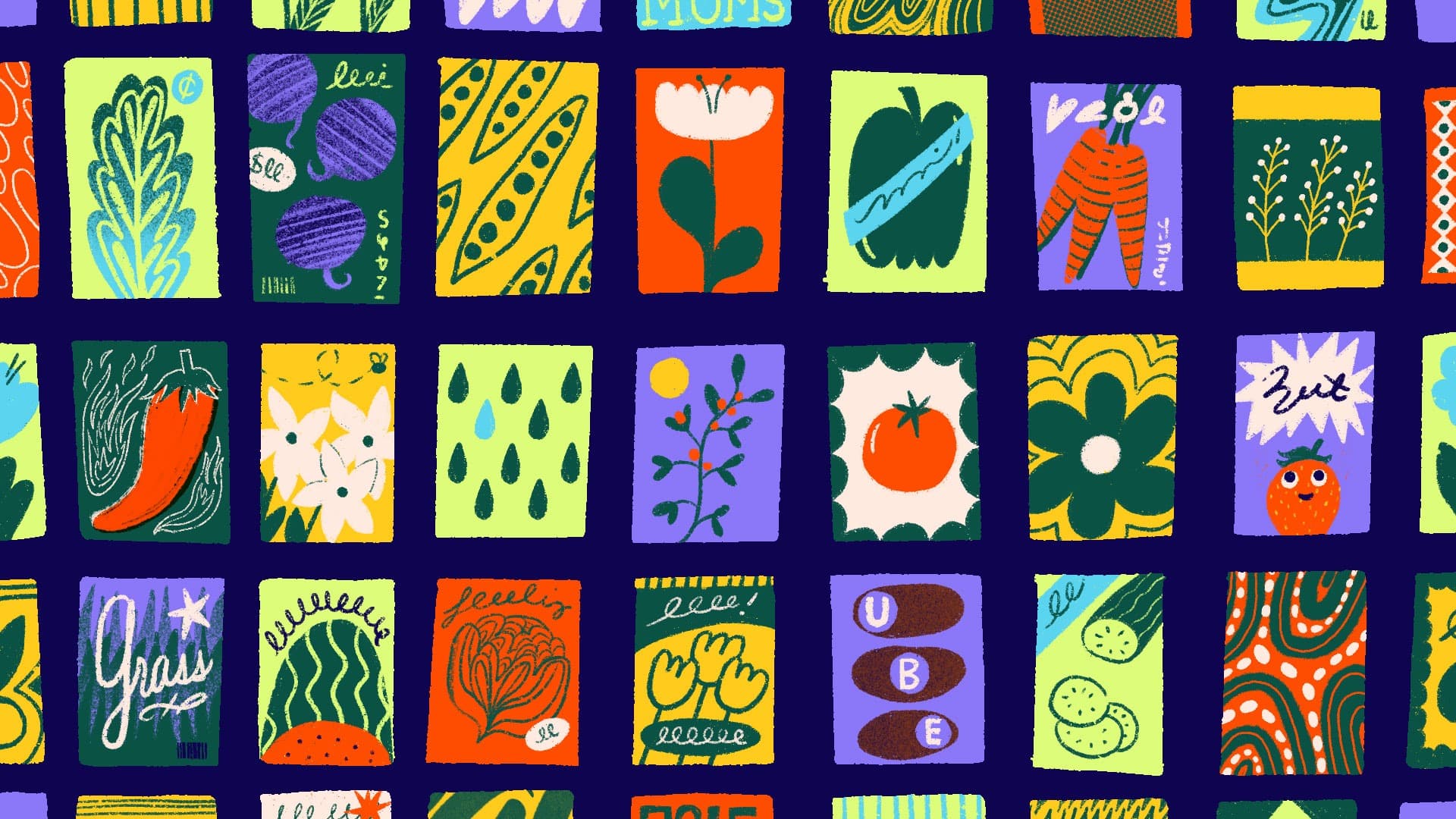 A colorful grid of illustrated seed packets featuring drawings of plants, vegetables, fruits, flowers, leaves, and abstract patterns on a dark blue background. The packets are vibrant and playful in style.