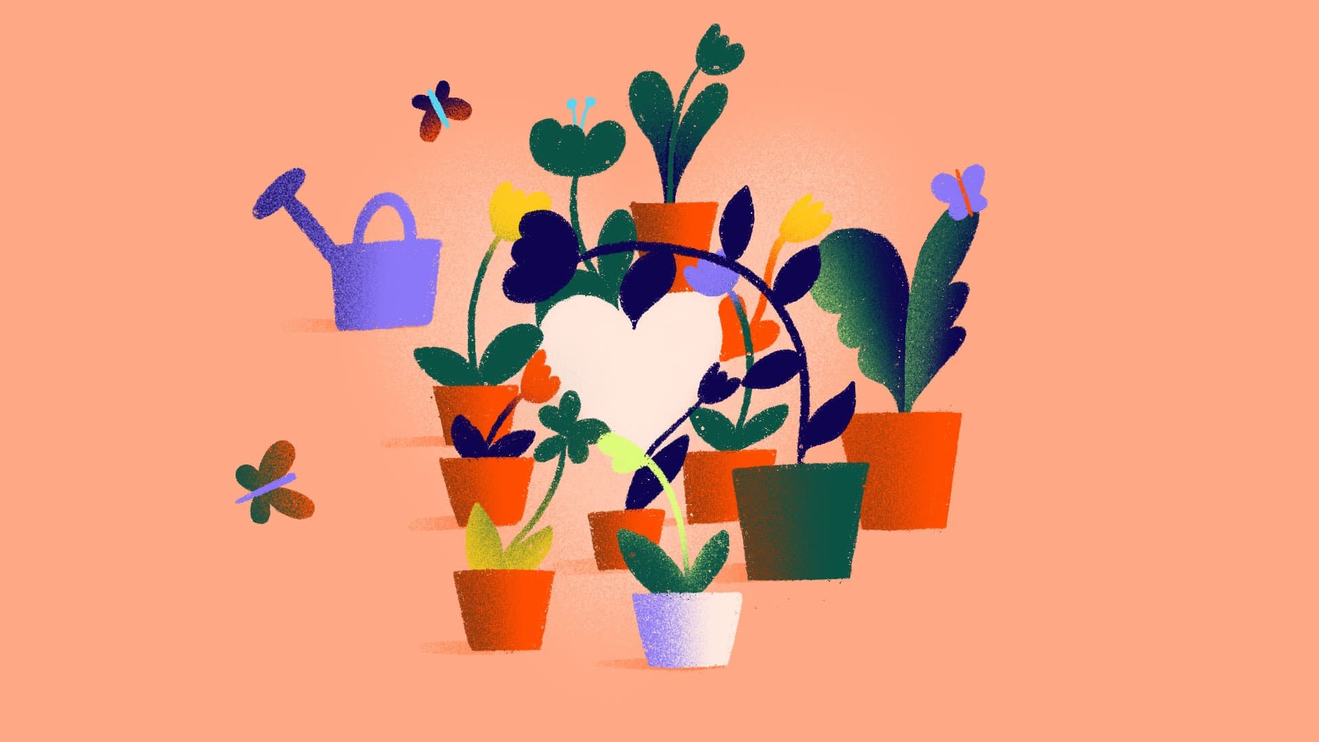 Illustration of various potted plants with green leaves and colorful flowers arranged in a group, surrounded by butterflies and a purple watering can, all set against a peach background.