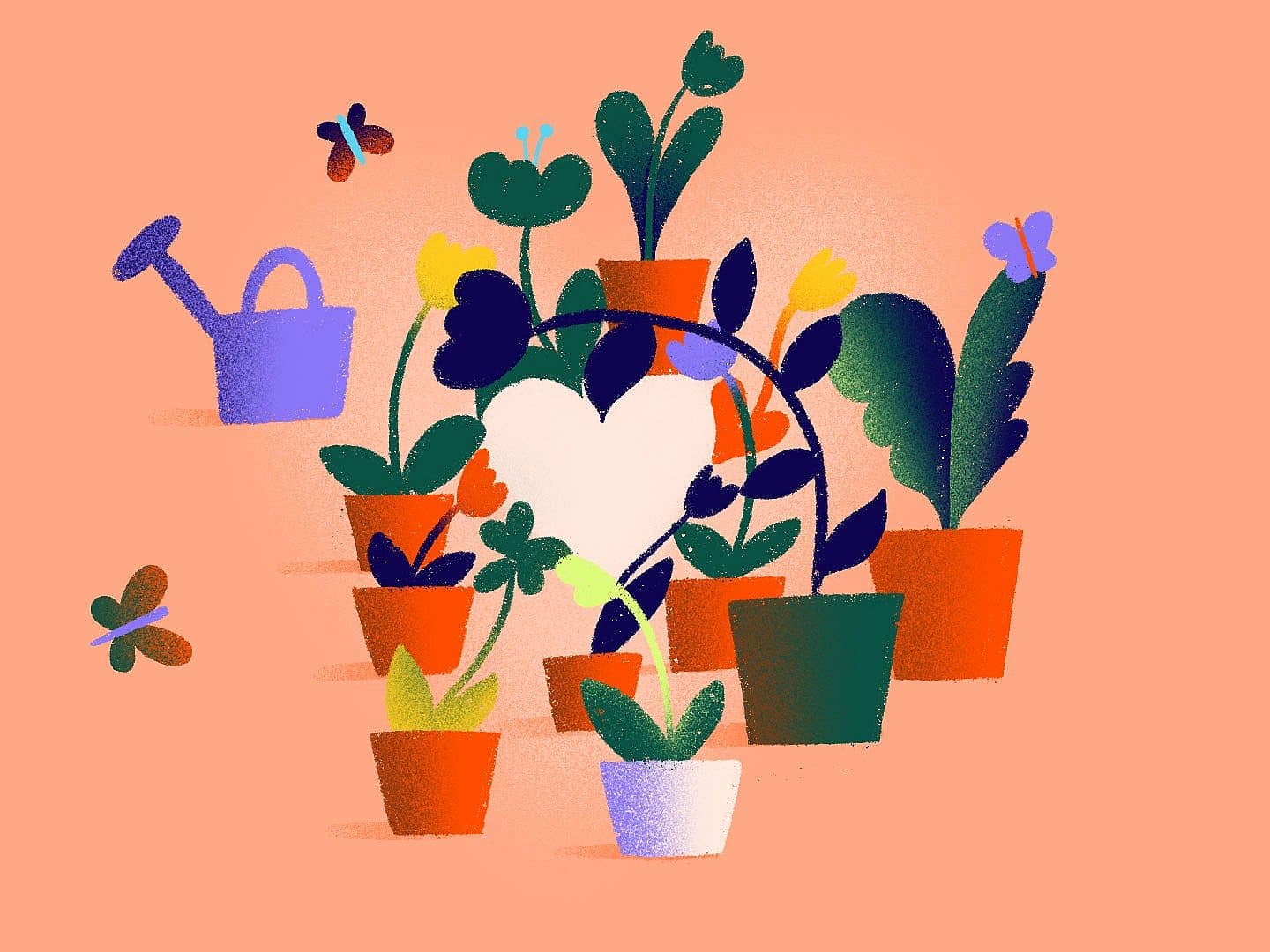 Colorful illustration of various potted plants, arranged around a heart shape in the center, with butterflies flying and a purple watering can on a peach background.