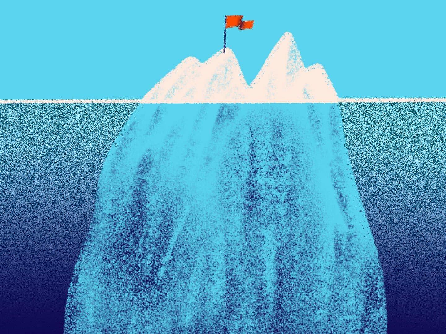Illustration of an iceberg with a red flag at the tip above water. The visible part is small compared to the massive submerged section, symbolizing hidden depths or unseen factors below the surface. The background is a gradient from light blue at the top to dark blue underwater.