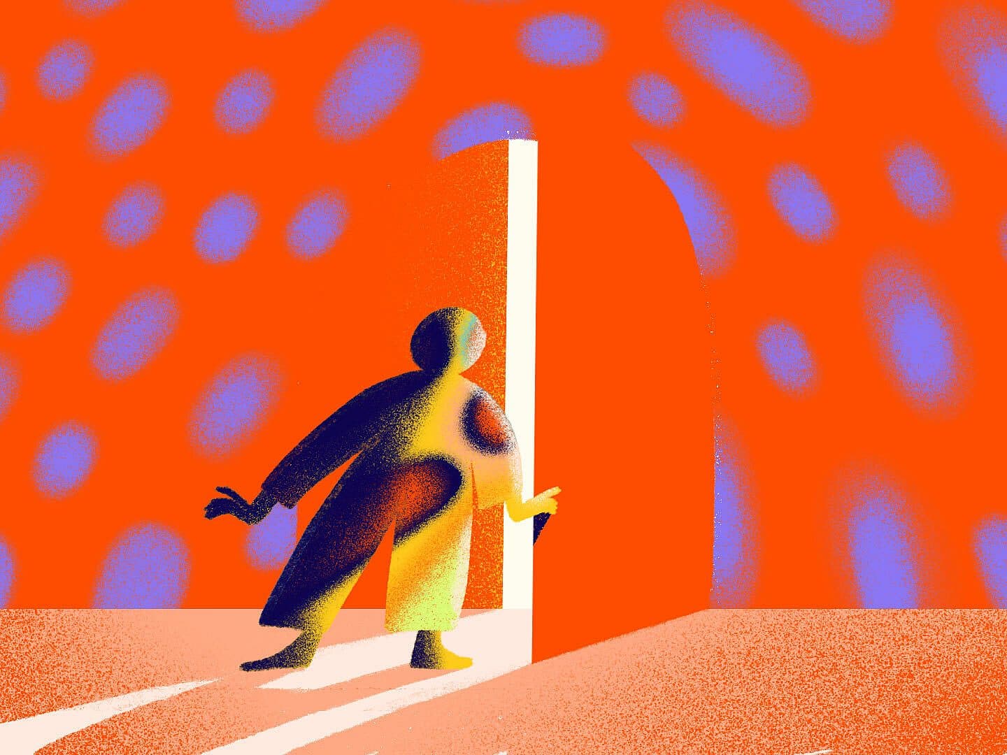 Illustration of a person standing in a doorway, bathed in light. The background is bright orange with blue oval spots, creating a vibrant and abstract effect. The figure's silhouette is lit from behind, casting shadows on the ground.