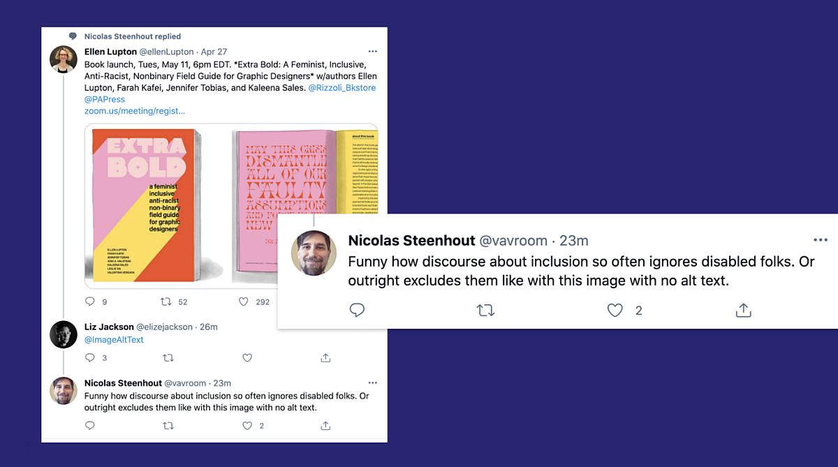 Tweet by Nicolas Steenhout calling out the lack of alt text in a tweet by Ellen Lupton featuring a book about inclusive design