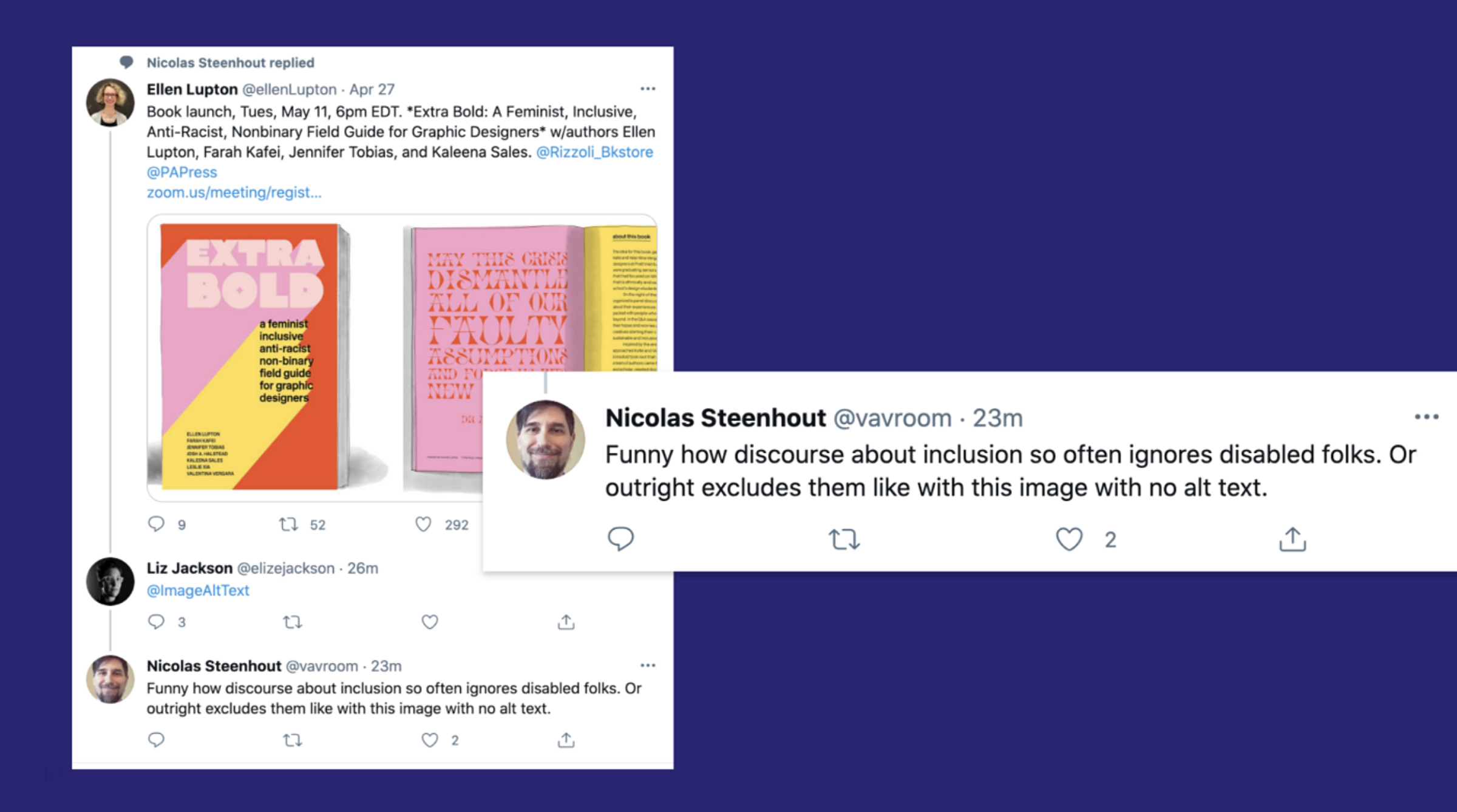 Tweet by Nicolas Steenhout calling out the lack of alt text in a tweet by Ellen Lupton featuring a book about inclusive design