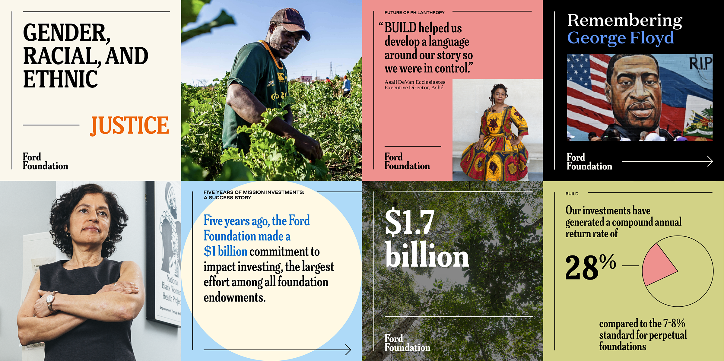 Grid of eight Ford social tiles of different colors incorporating text and photos