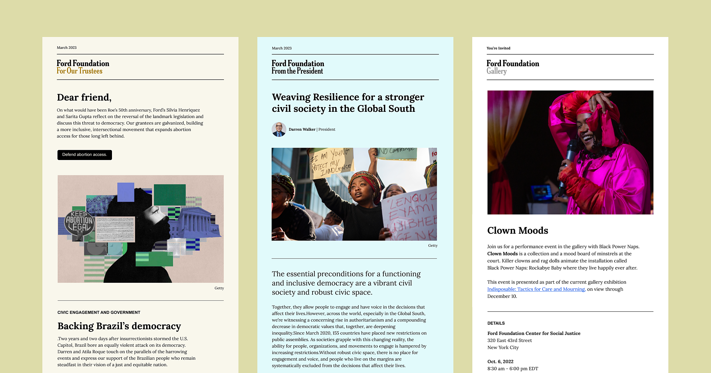 Three Ford Foundation newsletter template designs sitting on a green background