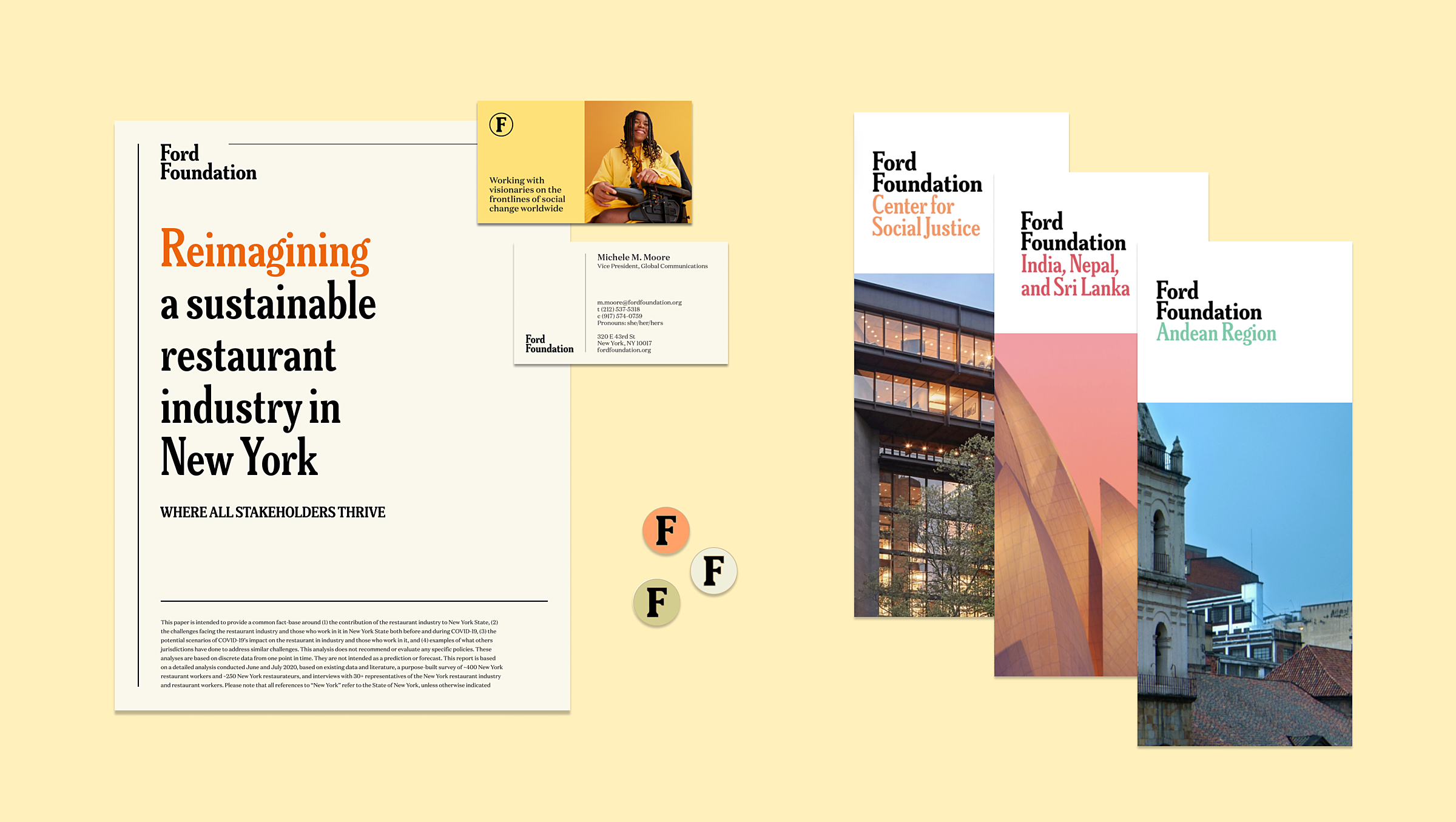 Sample Ford print collateral applications sitting on a light yellow background