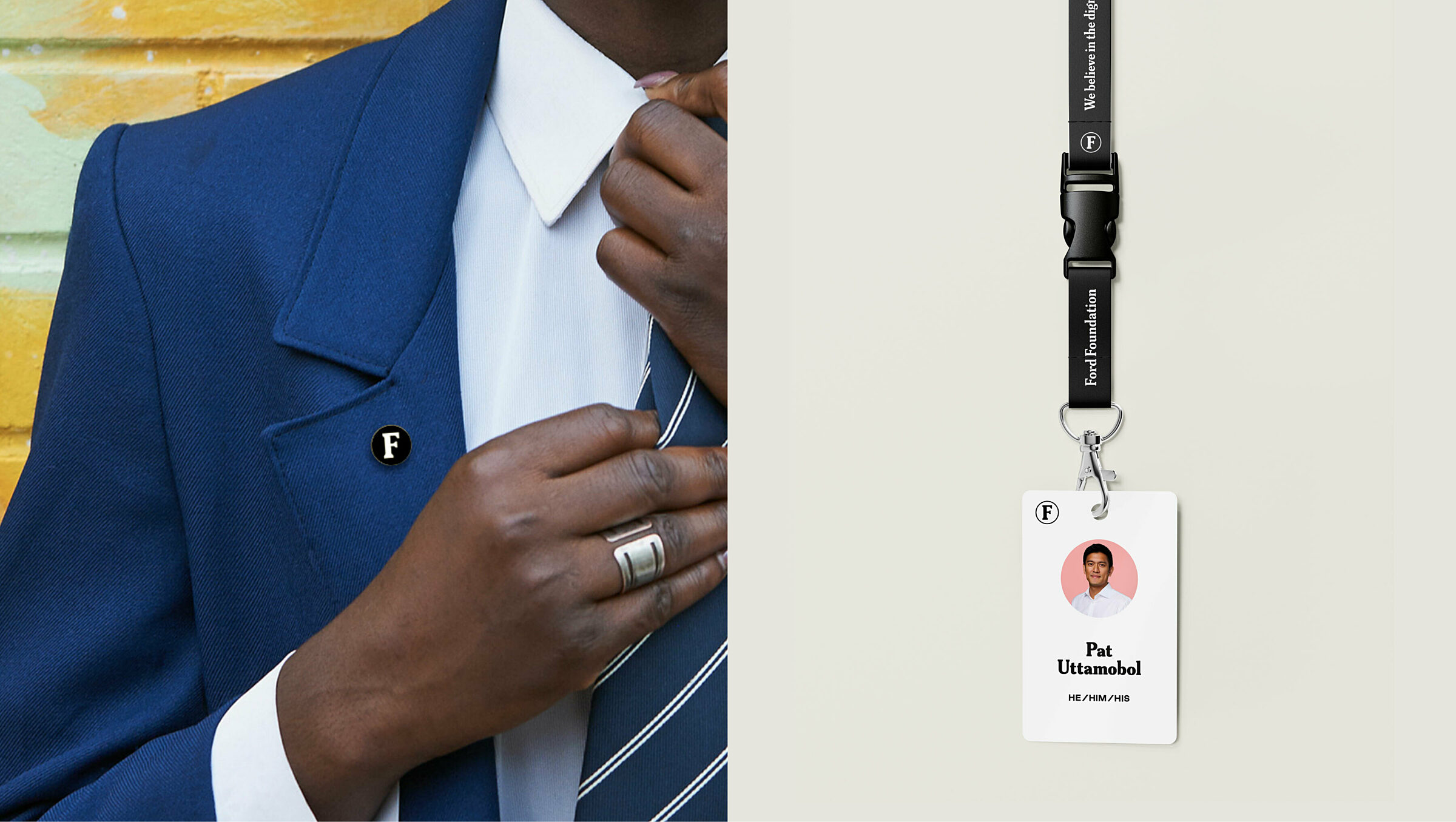 Image of an "F" monogram lapel pin worn by Black man with blue suit and image of a Ford branded event lanyard