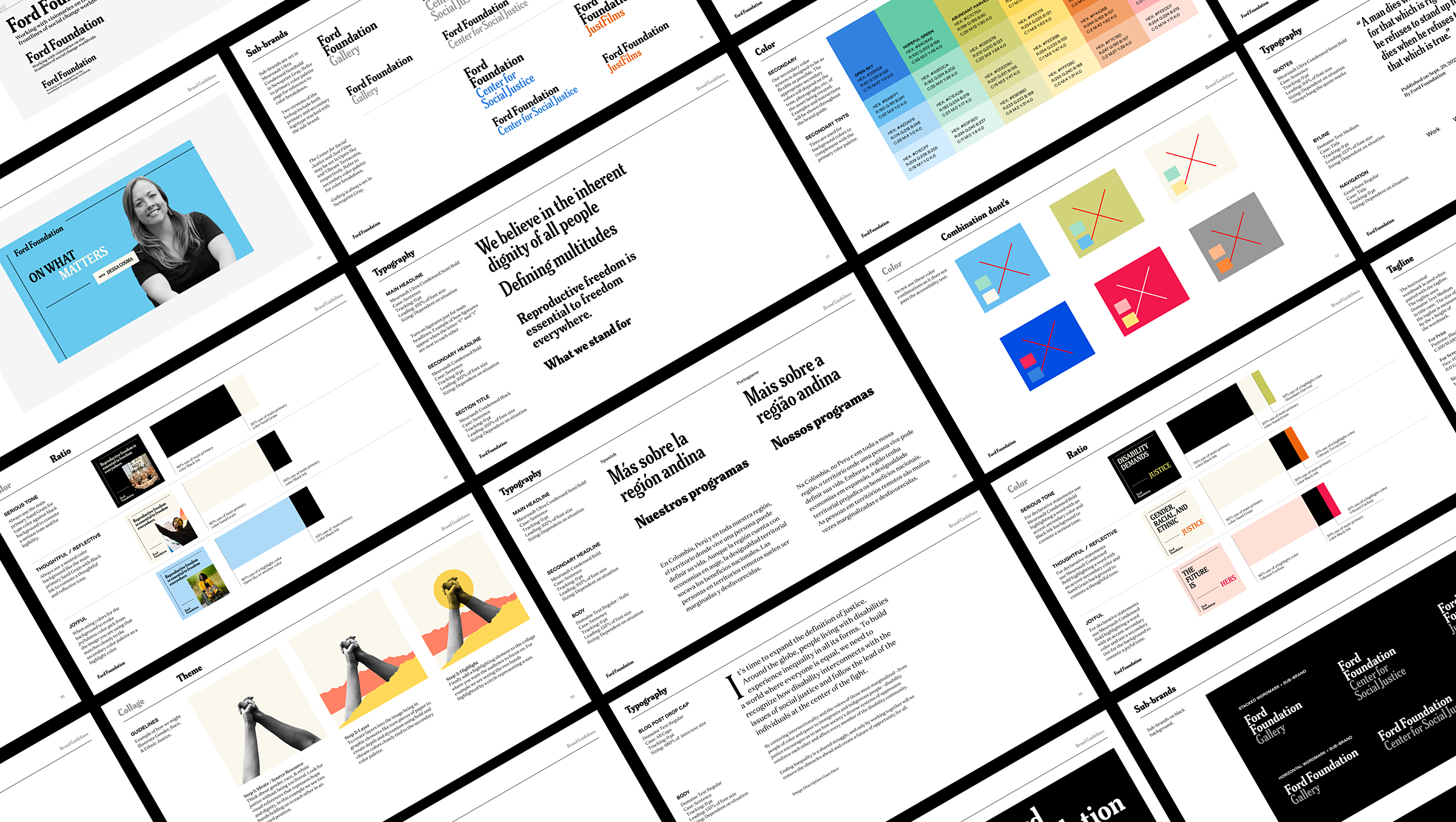Multiple pages from Ford Foundation's brand guide documenting their design system
