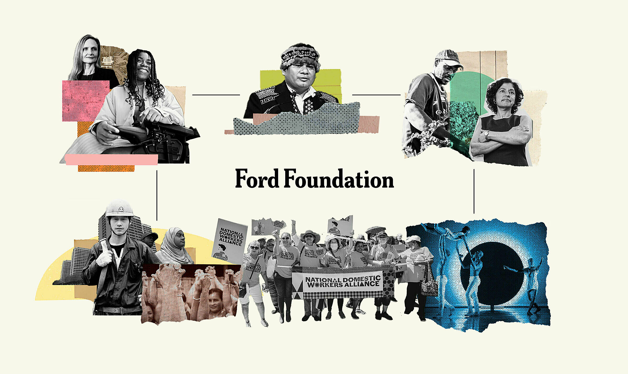 Collage illustration featuring the leaders, activists and community members connected by Ford
