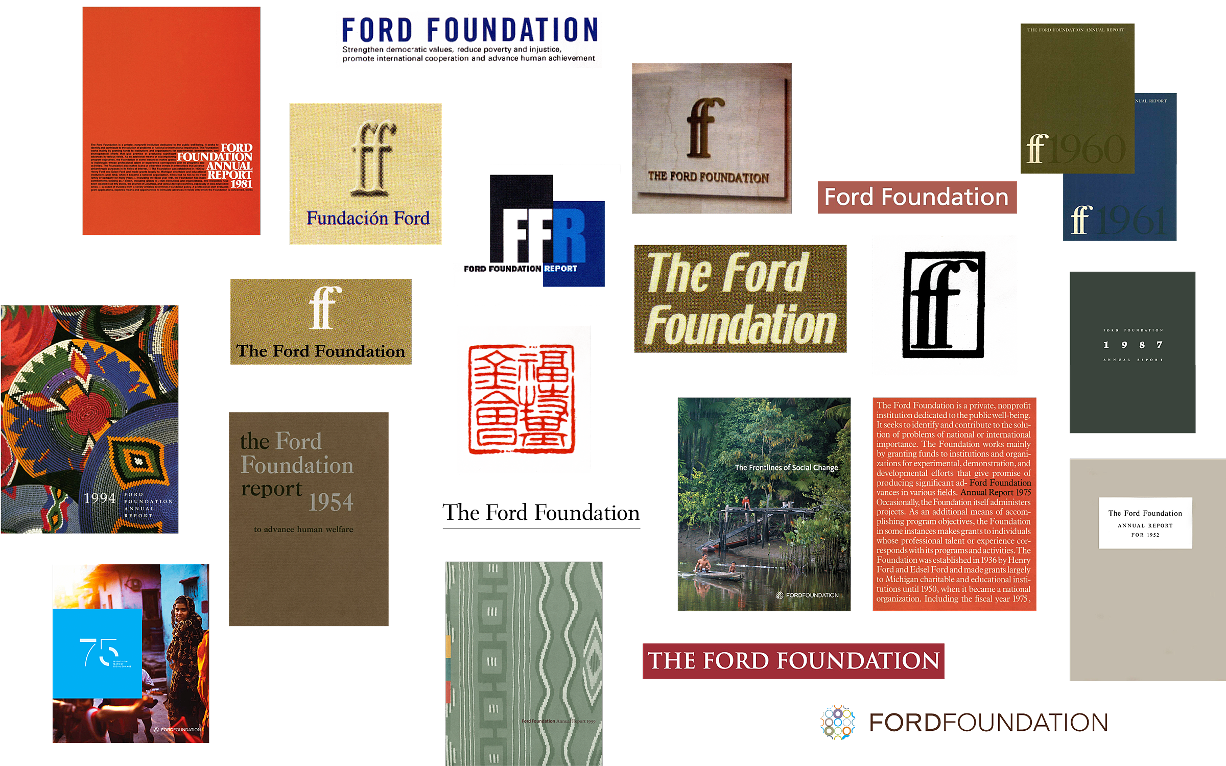 A historical collection of past Ford Foundation logos and annual reports