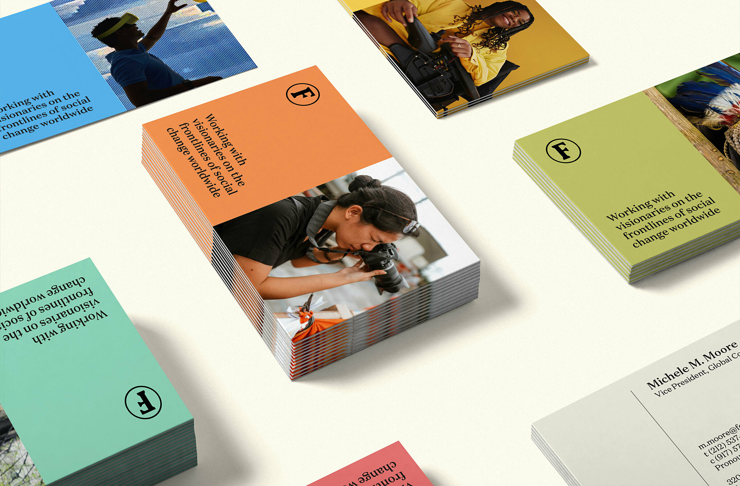 Stacks of different color Ford Foundation business cards